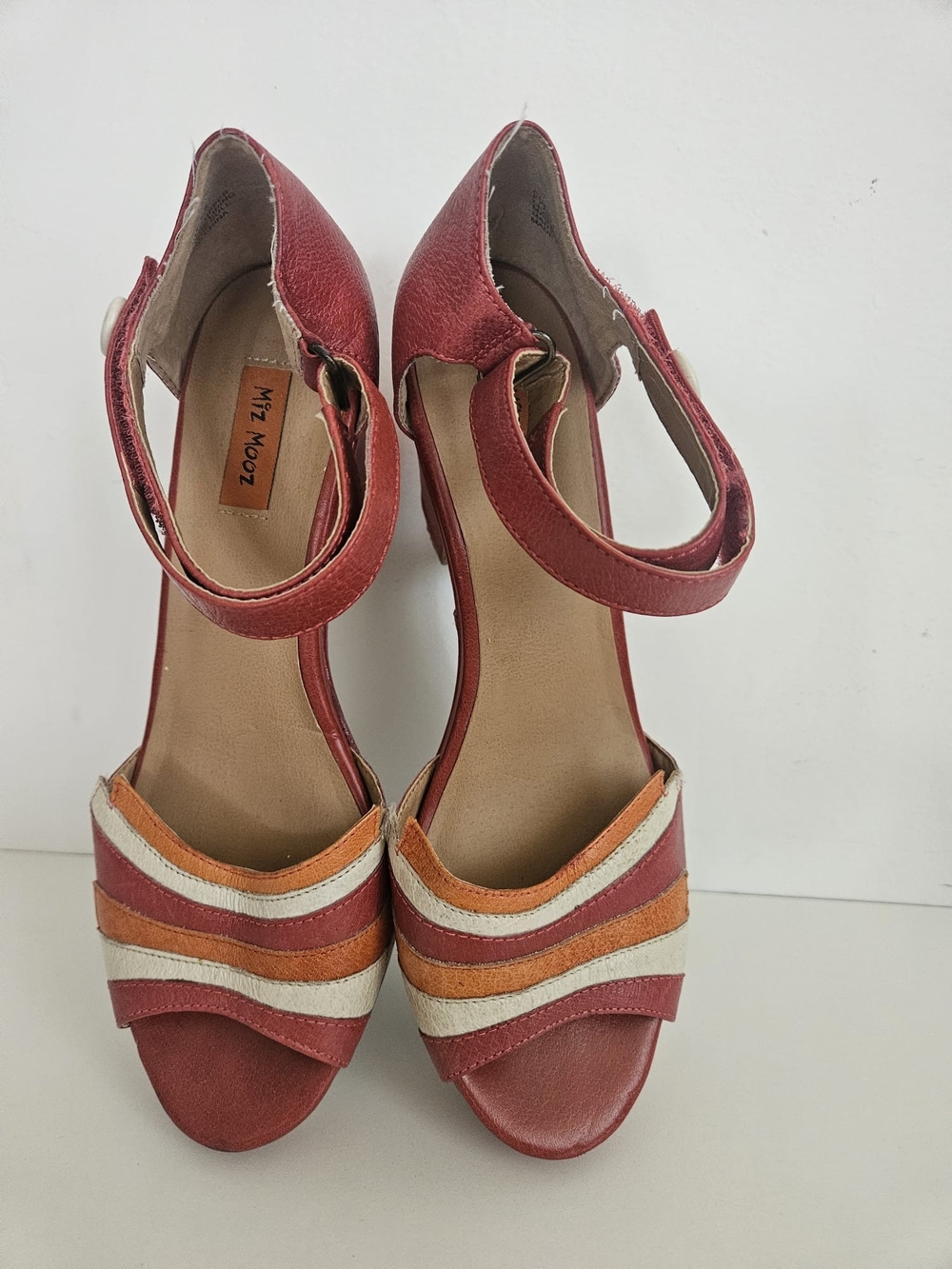 Miz Mooz Multistripe Retro Platform Block Heel Sandals Cherry Red Size 7.5